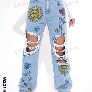 Sun And Flower Ripped Jeans